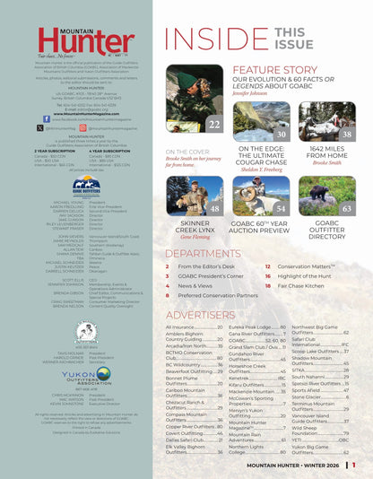 Mountain Hunter - Winter 2026: Ultimate Cougar Chase, Skinner Creek Lynx Hunt, GOABC 60th Year Auction Preview, Best Practices For Ethical Hunting Adventures, Top Conservation Partners & More!