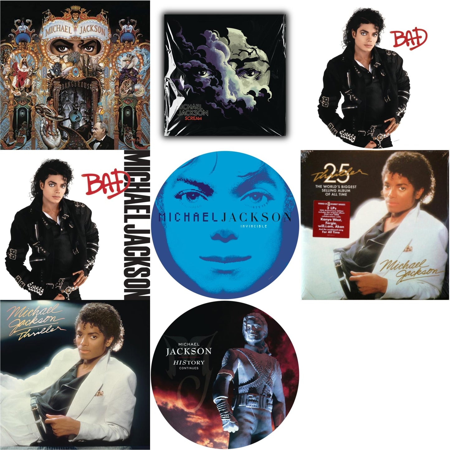 Michael Jackson - Dangerous (180G/2LP) & Michael Jackson - Scream (2LP) (New LP Vinyl) & Bad (Picture Disc) & Bad (140G/Gatefold) & Invincible (2LP/Picture Disc) & Thriller (25Th Anniversary Edition/2LP/180G/Gatefold) & Thriller (140G/Gatefold) &