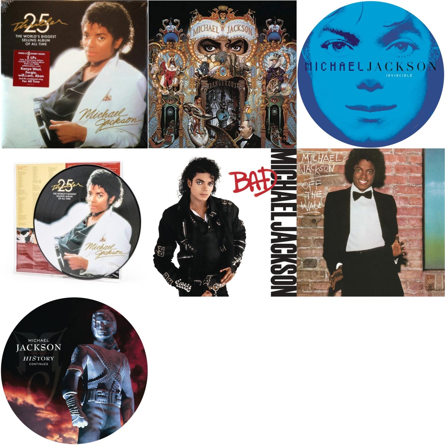 Michael Jackson - History: Continues (2LP/Picture Disc) & Invincible (2LP/Picture Disc) & Thriller (25Th Anniversary Edition/2LP/180G/Gatefold) & Thriller (Picture Disc) & Dangerous (180G/2LP) & Bad (140G/Gatefold) & Off The Wall (140G/Gatefold)