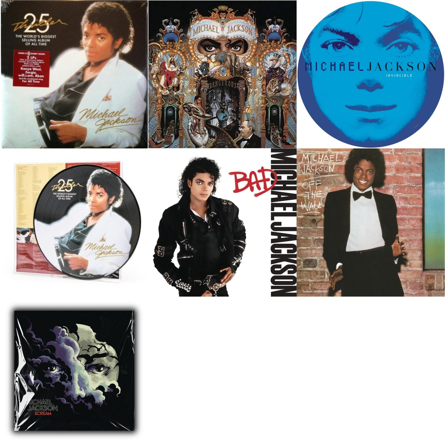 Michael Jackson - Invincible (2LP/Picture Disc) & Thriller (25Th Anniversary Edition/2LP/180G/Gatefold) & Thriller (Picture Disc) & Dangerous (180G/2LP) & Bad (140G/Gatefold) & Off The Wall (140G/Gatefold) & Michael Jackson - Scream (2LP) (New LP
