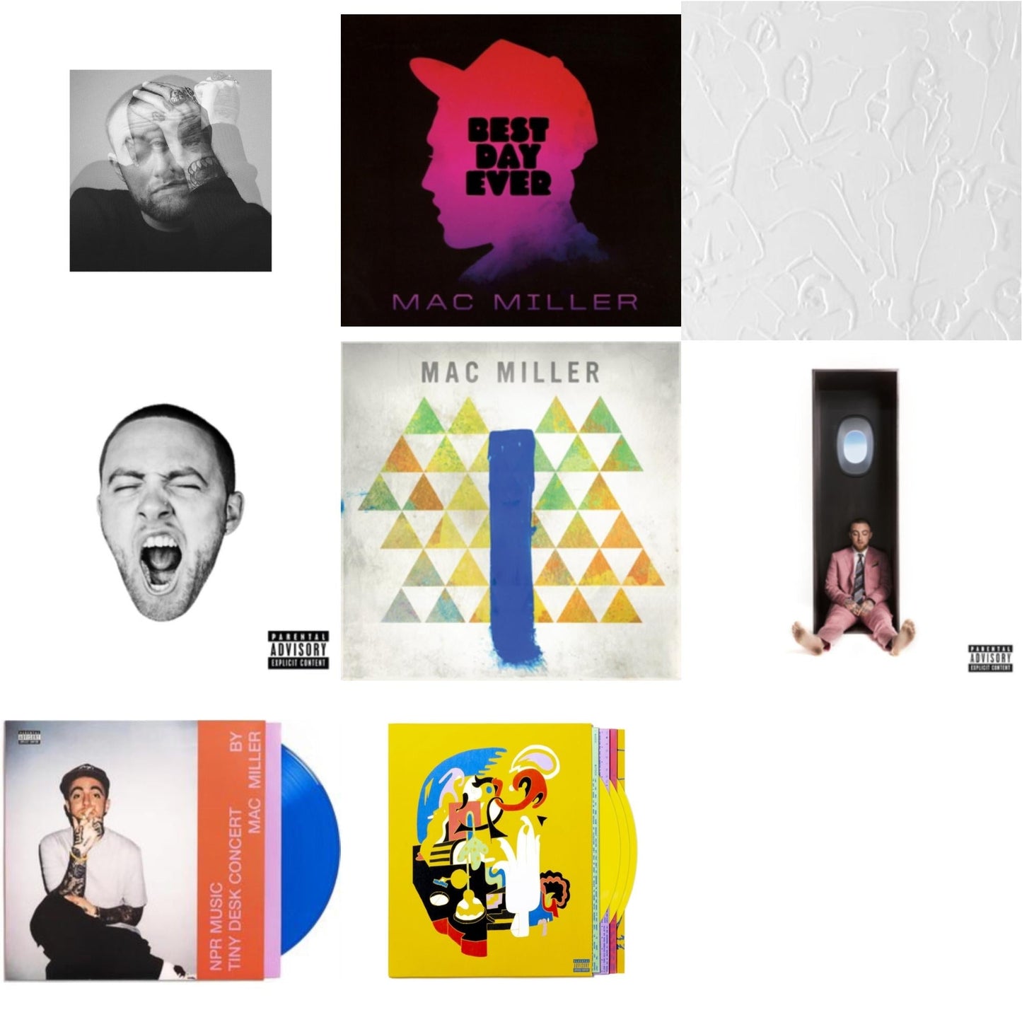 Mac Miller - Circles (2LP/Clear Vinyl) & Best Day Ever (Import) & Macadelic (X) (2LP) & Go:Od Am (X) & Blue Slide Park & Swimming (X) & Npr Music Tiny Desk Concert (Translucent Blue LP Vinyl/B-Side Etching/Insert) & Faces (3LP/Yellow Vinyl)