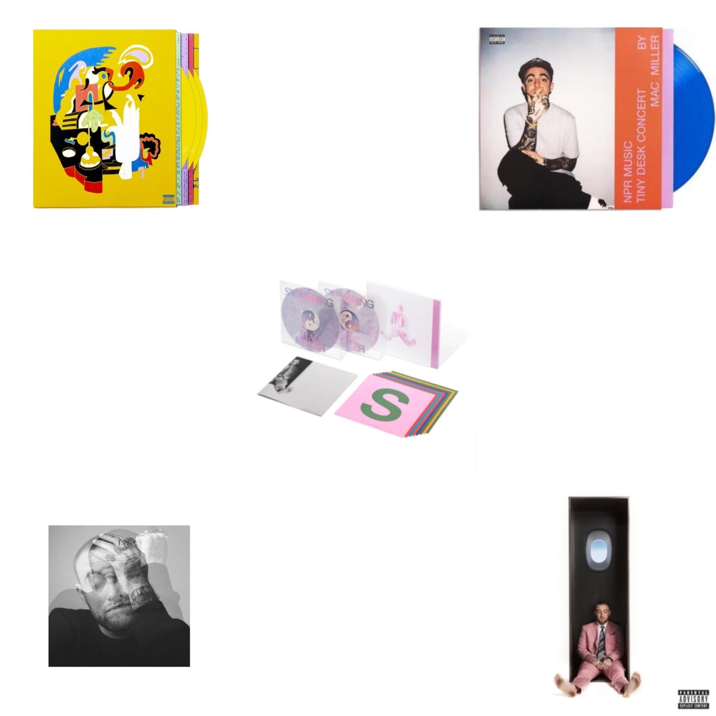 Mac Miller - Npr Music Tiny Desk Concert (Translucent Blue LP Vinyl/B-Side Etching/Insert) & Swimming (5 Year) (2LP/Milky Clear/Hot Pink/Sky Blue Marble Vinyl) & Faces (3LP/Yellow Vinyl) & Swimming (X) & Circles (2LP/Clear Vinyl)