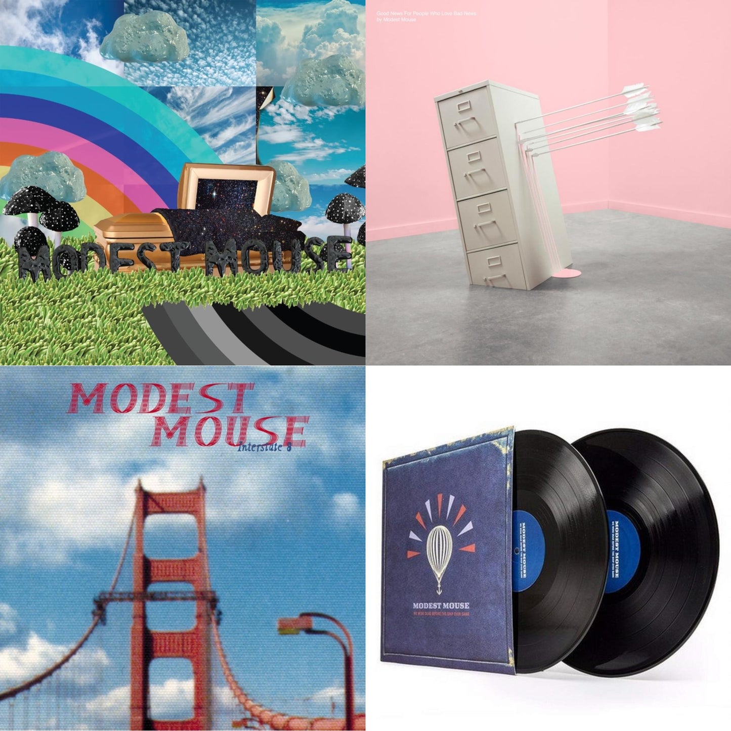Modest Mouse - Golden Casket (X) (2LP) & Good News For People Who Love Bad News (Deluxe) (2LP/Baby Pink & Spring Green Vinyl) & Interstate 8 & We Were Dead Before The Ship Even Sank