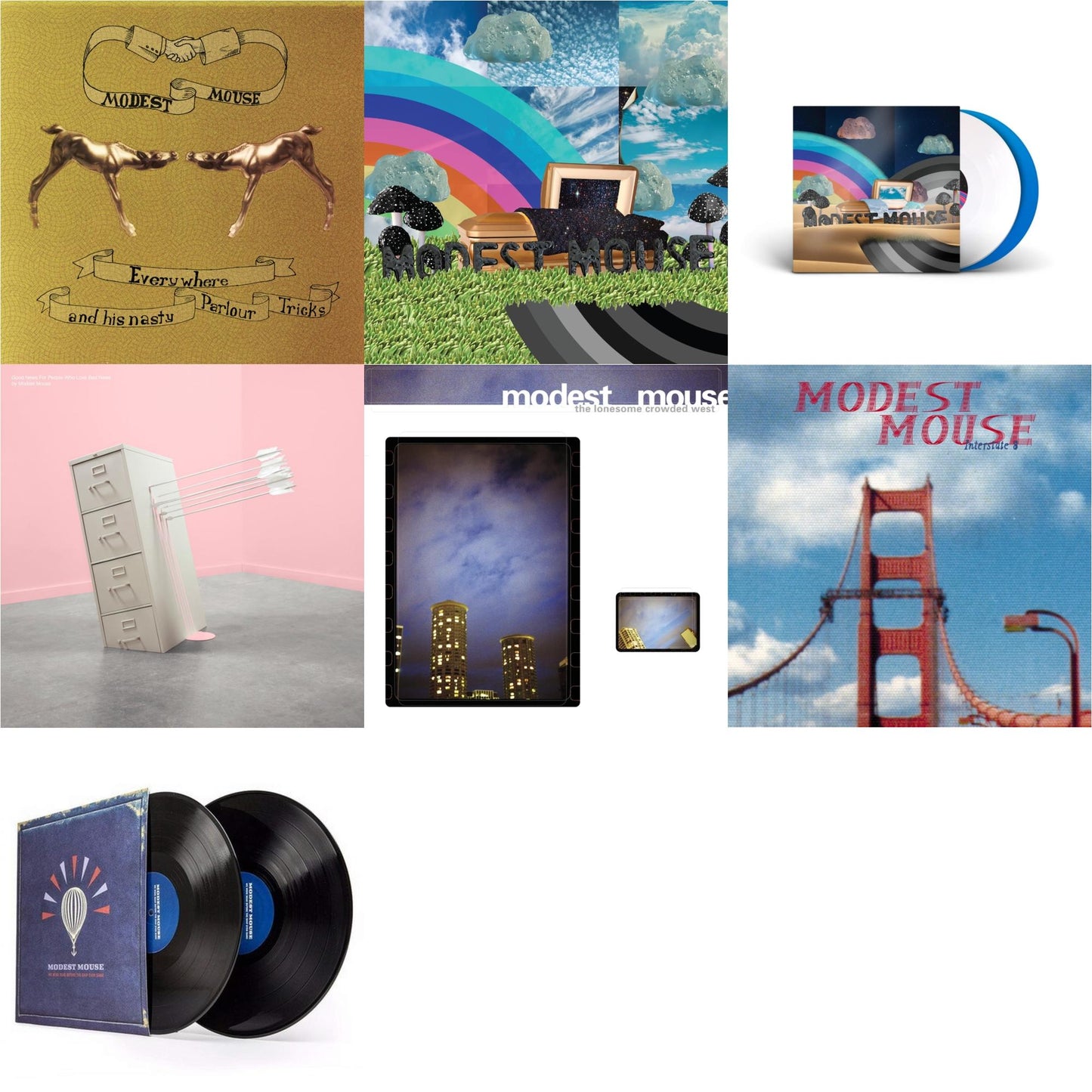 Modest Mouse - Everywhere & His Nasty Parlor Tricks (180G) & Golden Casket (X) (2LP) & Golden Casket (X) (Deluxe/Limited Edition/White & Sky Blue Vinyl/2LP) (I) & Good News For People Who Love Bad News (Deluxe) (2LP/Baby Pink & Spring Green Vinyl) &