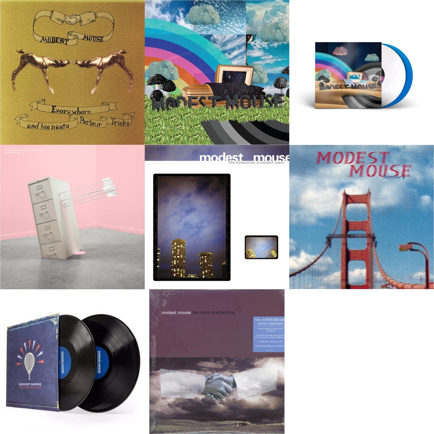 Modest Mouse - Everywhere & His Nasty Parlor Tricks (180G) & Golden Casket (X) (2LP) & Golden Casket (X) (Deluxe/Limited Edition/White & Sky Blue Vinyl/2LP) (I) & Good News For People Who Love Bad News (Deluxe) (2LP/Baby Pink & Spring Green Vinyl) &