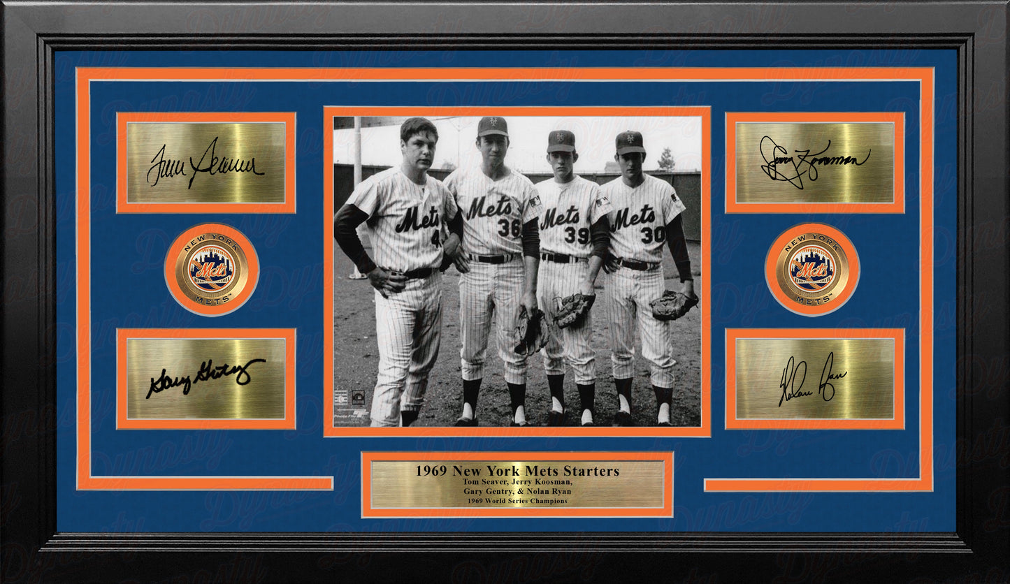 New York Mets 1969 Pitchers 8x10 Framed Photo with Engraved Autographs - Seaver Koosman Gentry Ryan