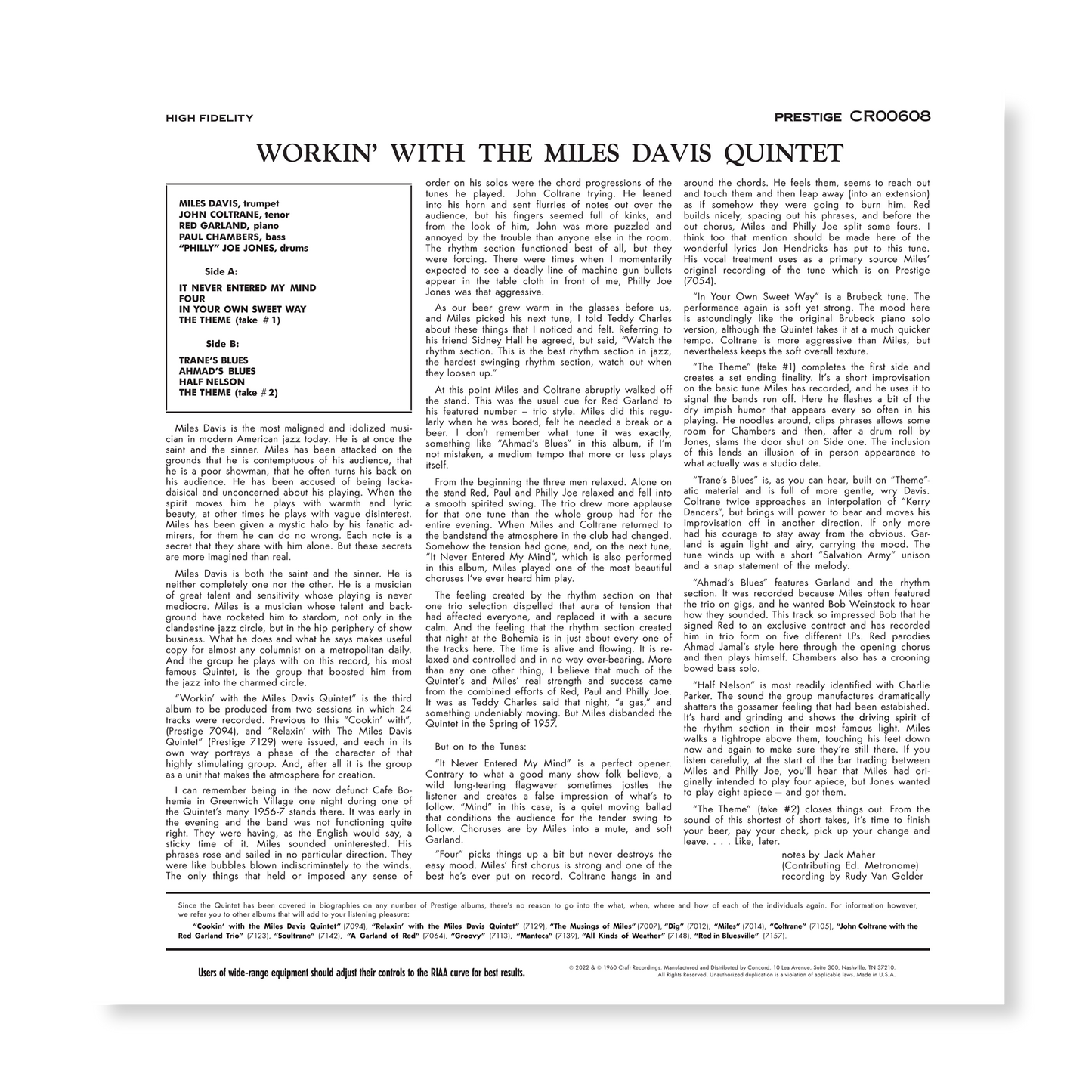 Workin' With The Miles Davis Quintet (Original Jazz Classics Series) (180g LP) Vinyl Record