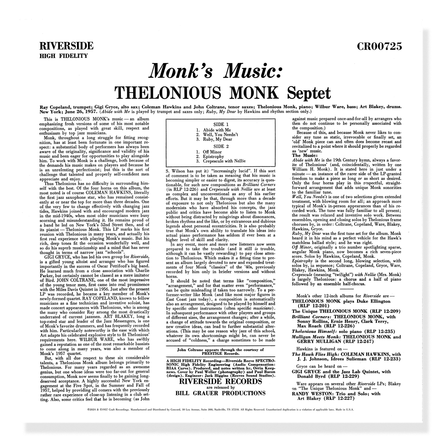 Monk's Music (Original Jazz Classics Series) (180g LP) Vinyl Record