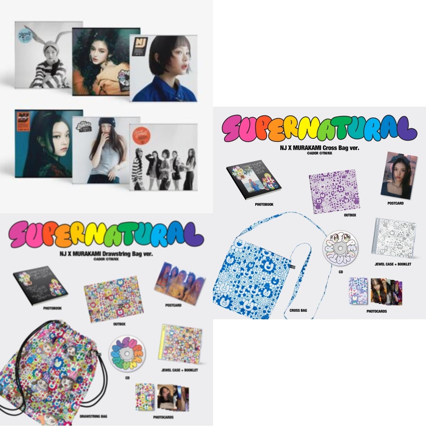 Newjeans - How Sweet (Standard Ver.) & Newjeans Supernatural Nj X Murakami (Drawstring Bag Ver.) & Newjeans Supernatural Nj X Murakami (Cross Bag Ver.) - CD Maxi Single Bundle