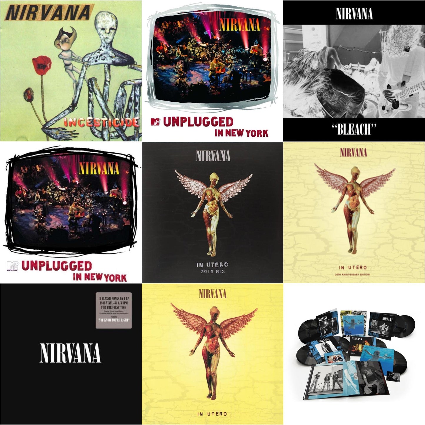 Nirvana - Bleach & Nevermind (30Th Anniversary/Super Deluxe/8LP/7Inch) & Incesticide (20Th Anniversary 45RPM Edition) & In Utero & In Utero: 2013 Mix (2LP) & Nirvana (150G/Dl Code) & Mtv Unplugged In New York (2 LP) & In Utero (180G/33-1/3 RPM) &