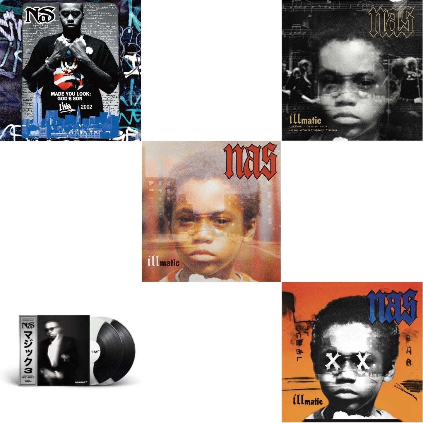 Nas - Made You Look: God's Son Live 2002 (Rsd) & Magic 3 (2LP/Coloured Vinyl) & Illmatic & Illmatic: Live From The Kennedy Center (Limited 2LP/180G/Poster/Dl Card) & Illmatic Xx (Pa/180G/Dl Card)
