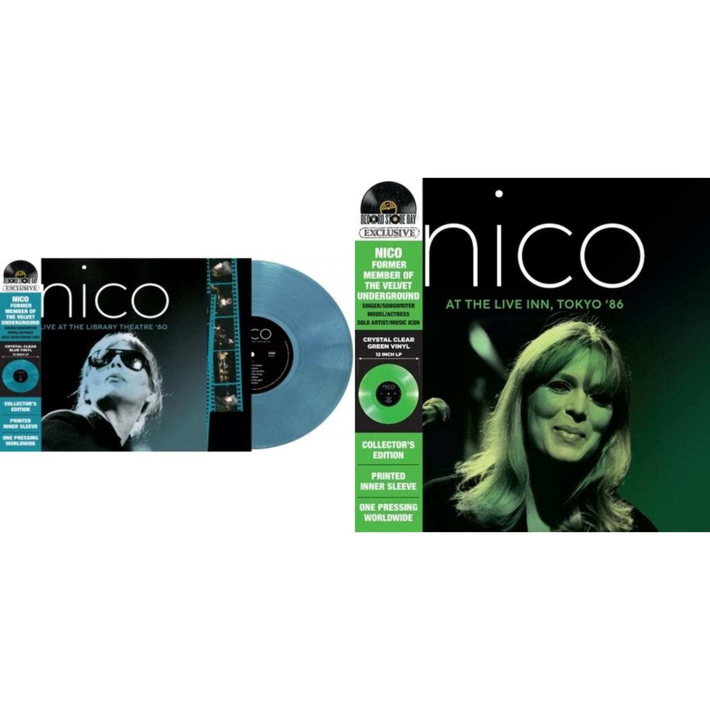 Nico - Live At The Library Theatre '80 (Deluxe/Crystal Clear Light Blue LP Vinyl) & At The Live Inn, Tokyo '86 (Deluxe/Crystal Clear Green LP Vinyl)