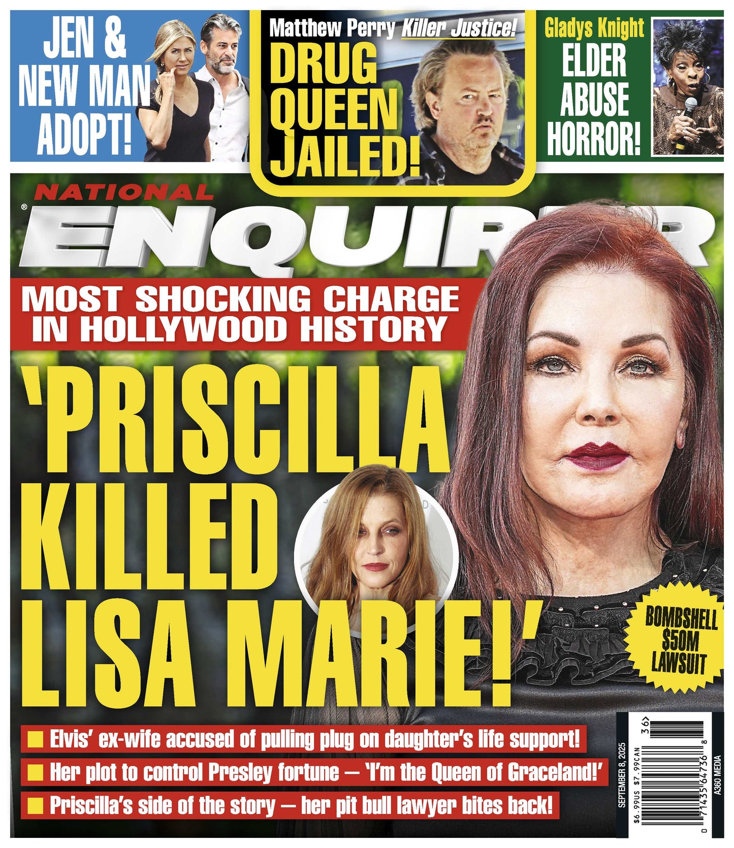 National Enquirer - 09.08.25: Priscilla Presley Drama & Lisa Marie’s Tragic Fate, Jennifer Aniston’s Adoption Journey, Matthew Perry’s Drug Queen Imprisoned, Gladys Knight’s Shocking Elder Abuse & More!