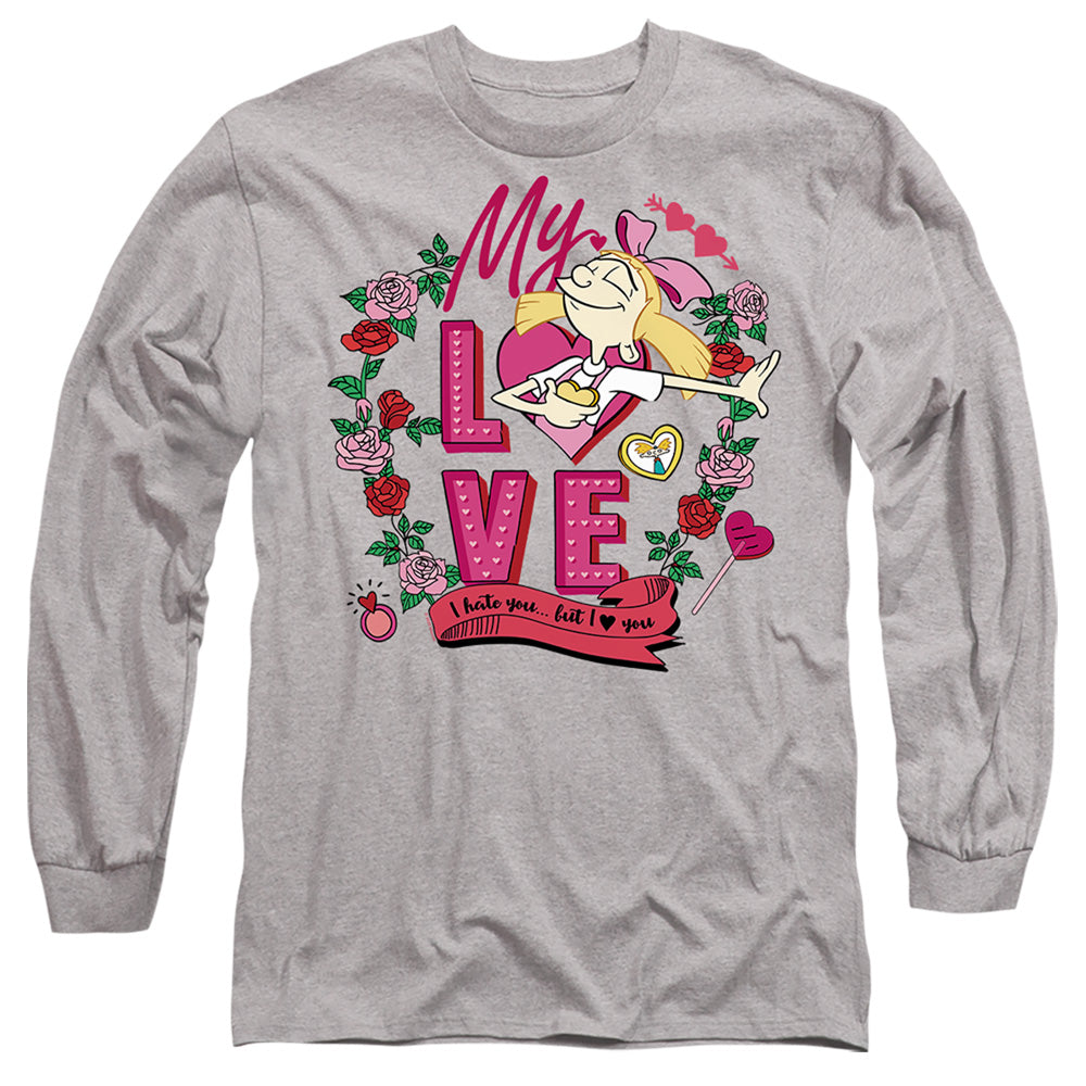 Hey Arnold Valentine'S Day Helga, I Hate You, But Love You Mens Long Sleeve Shirt Athletic Heather Officially Licensed