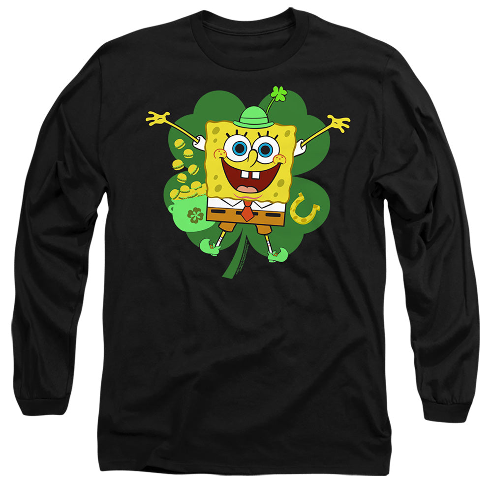 Spongebob Squarepants St. Patrick'S Day Spongey Four Leaf Clover Mens Long Sleeve Shirt Black Officially Licensed