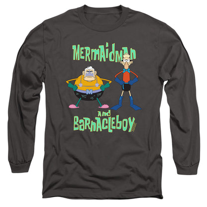 Spongebob Mermaid Man And Barnacle Boy Mens Long Sleeve Shirt Charcoal Officially Licensed