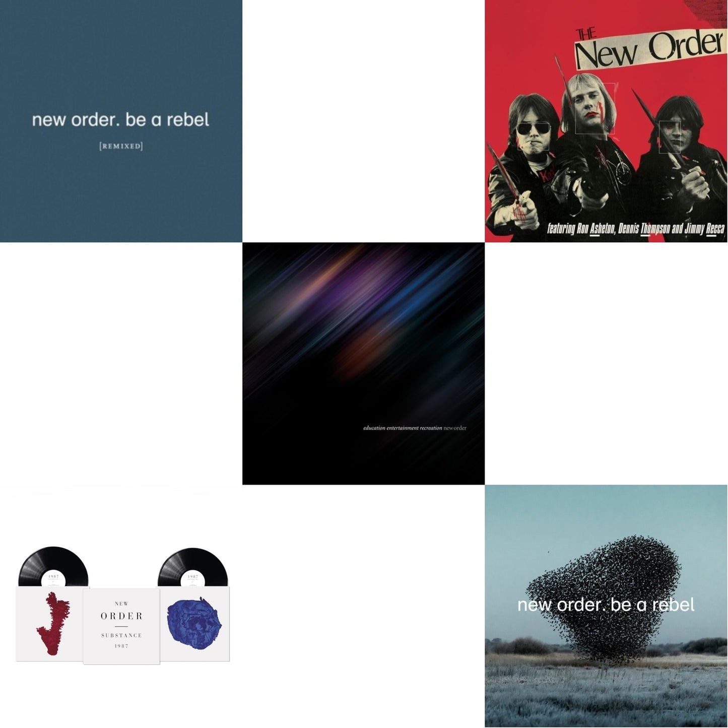 New Order - Be A Rebel Remixed (Limited Edition/Clear LP Vinyl) & Substance (2023 Reissue) (2LP) & Education Entertainment Recreation (Live) & New Order (Marble LP Vinyl) & Be A Rebel