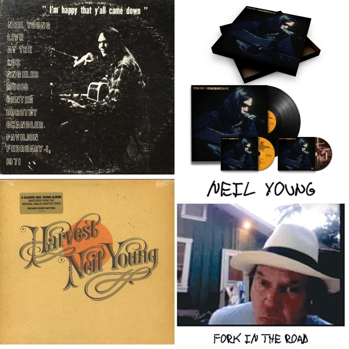 Neil Young - Dorothy Chandler Pavilion 1971 & Young Shakespeare (Deluxe) & Harvest & Fork In The Road (140G) - LP Vinyl Bundle