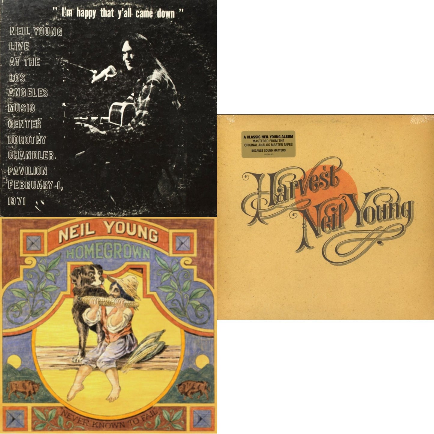 Neil Young - Dorothy Chandler Pavilion 1971 & Homegrown & Harvest - LP Vinyl Bundle