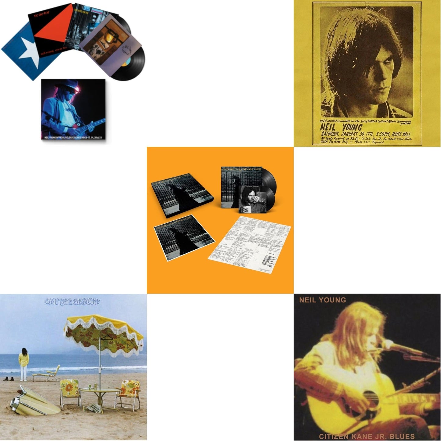 Neil Young - Royce Hall 1971 & Citizen Kane Jr. Blues 1974 (Live At The Bottom Line) & After The Gold Rush (50Th Anniv Ed) & Official Release Series Discs 13, 14, 20 & 21 & On The Beach - LP Vinyl Bundle
