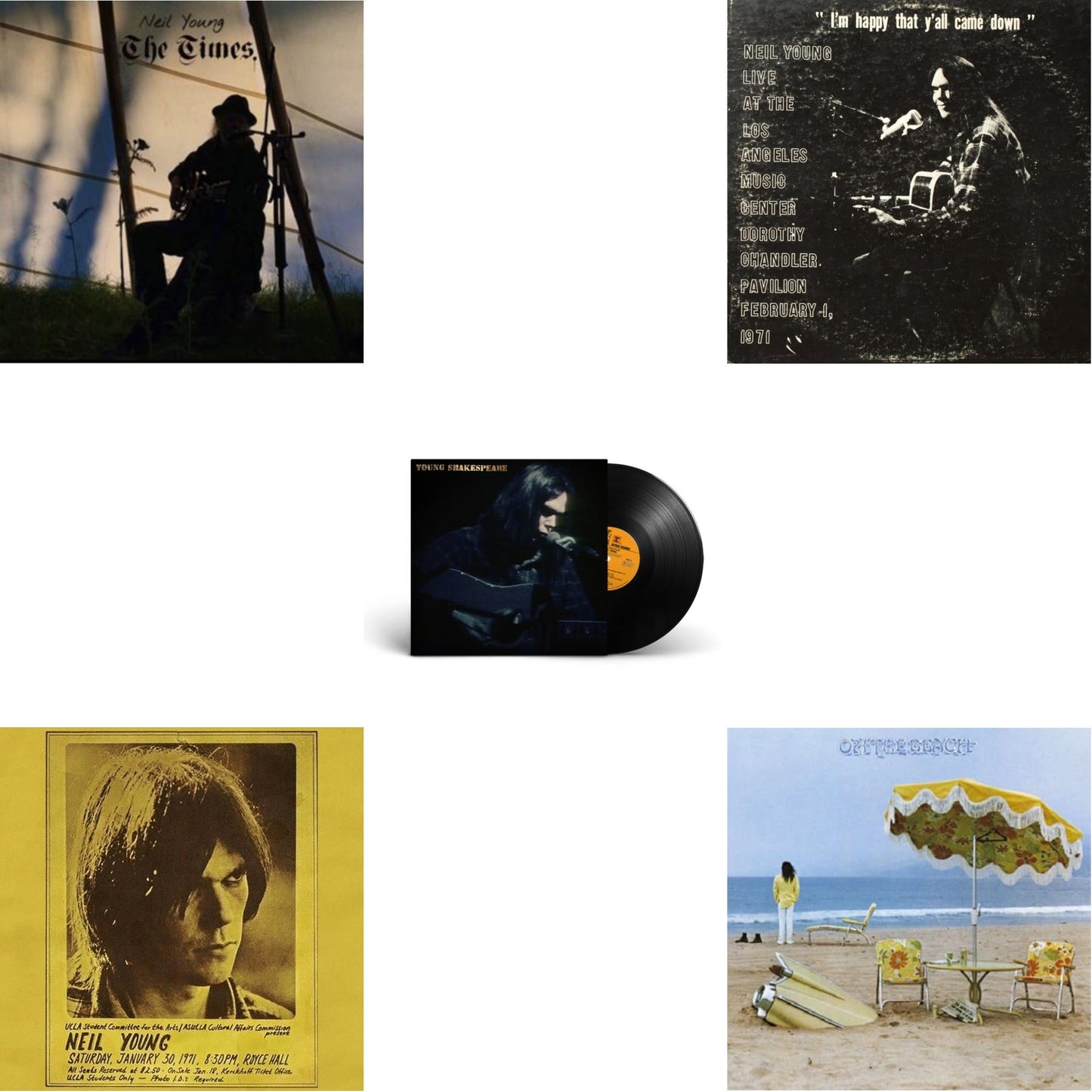Neil Young - Royce Hall 1971 & Dorothy Chandler Pavilion 1971 & Times & Young Shakespeare & On The Beach - LP Vinyl Bundle