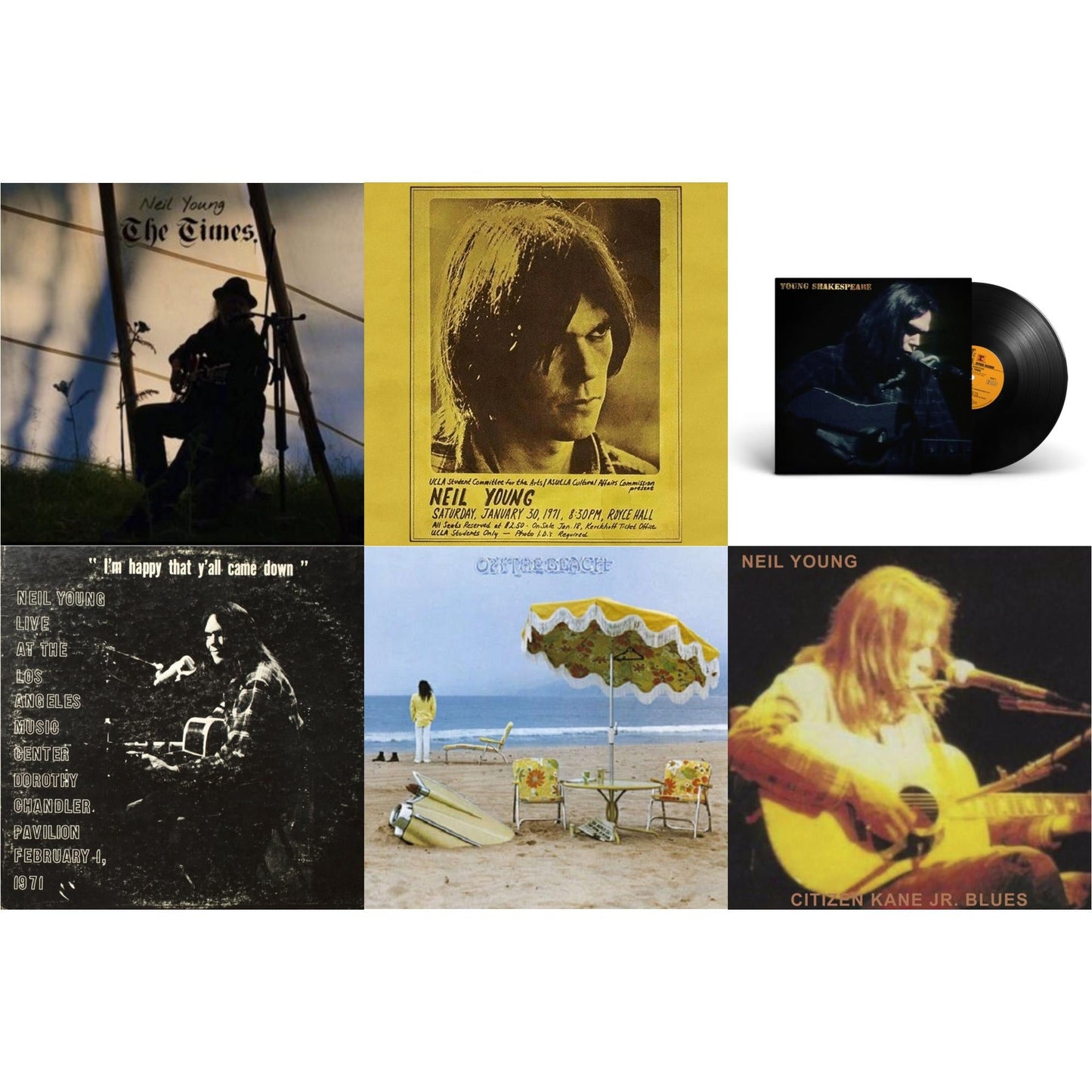 Neil Young - Royce Hall 1971 & Citizen Kane Jr. Blues 1974 (Live At The Bottom Line) & Dorothy Chandler Pavilion 1971 & Times & Young Shakespeare & On The Beach - LP Vinyl Bundle