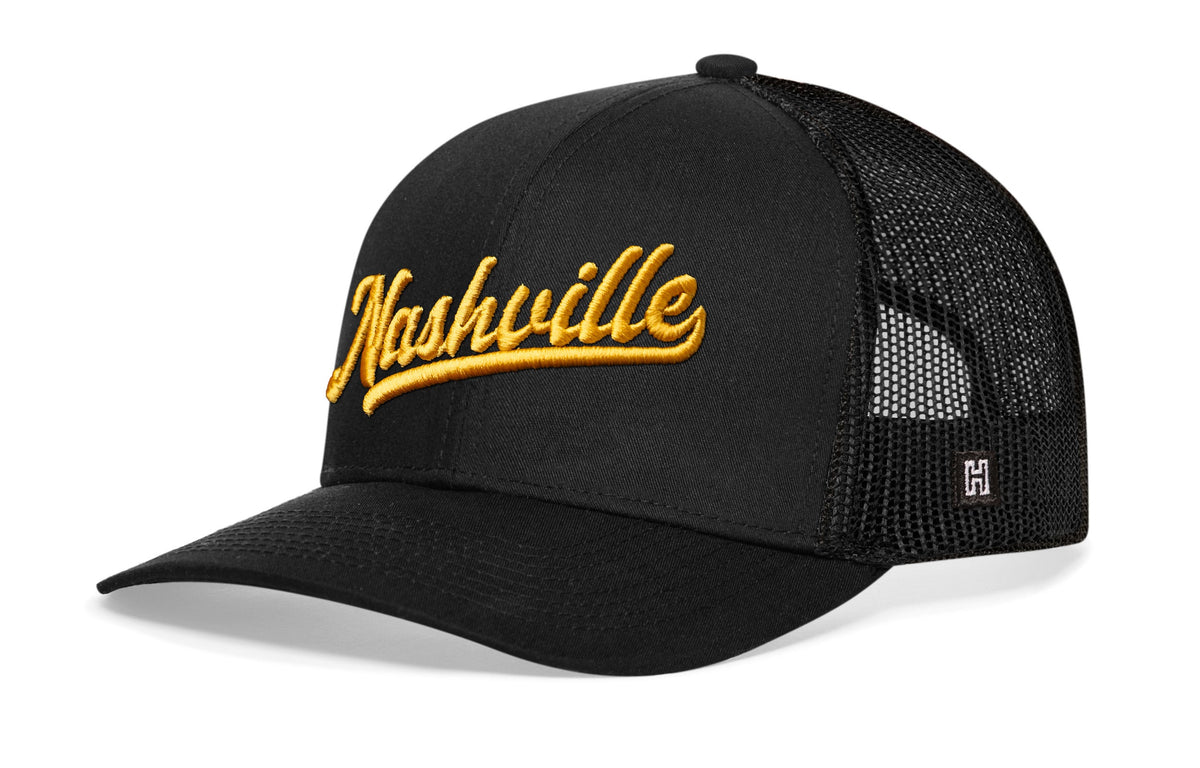 Nashville Gold Script Trucker Hat  |  Black Tennessee Snapback