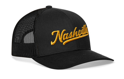 Nashville Gold Script Trucker Hat  |  Black Tennessee Snapback