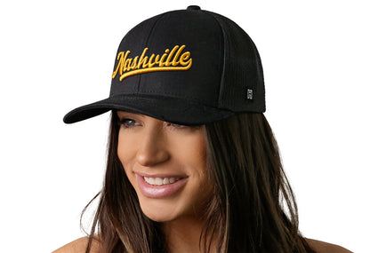 Nashville Gold Script Trucker Hat  |  Black Tennessee Snapback