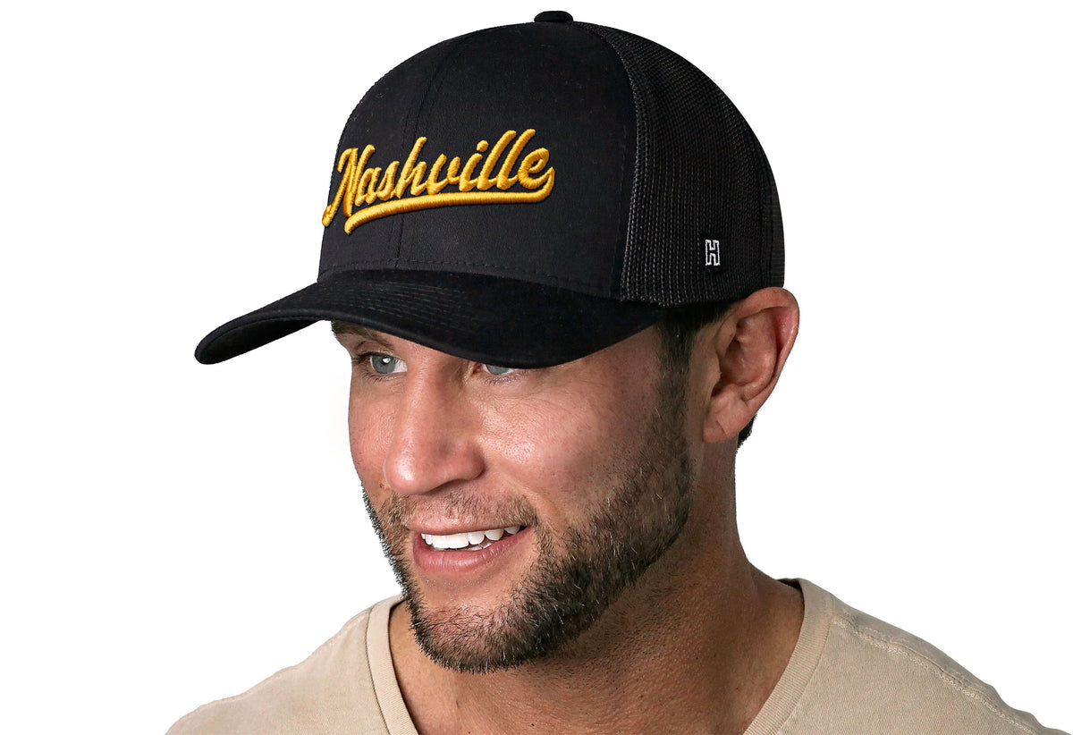 Nashville Gold Script Trucker Hat  |  Black Tennessee Snapback