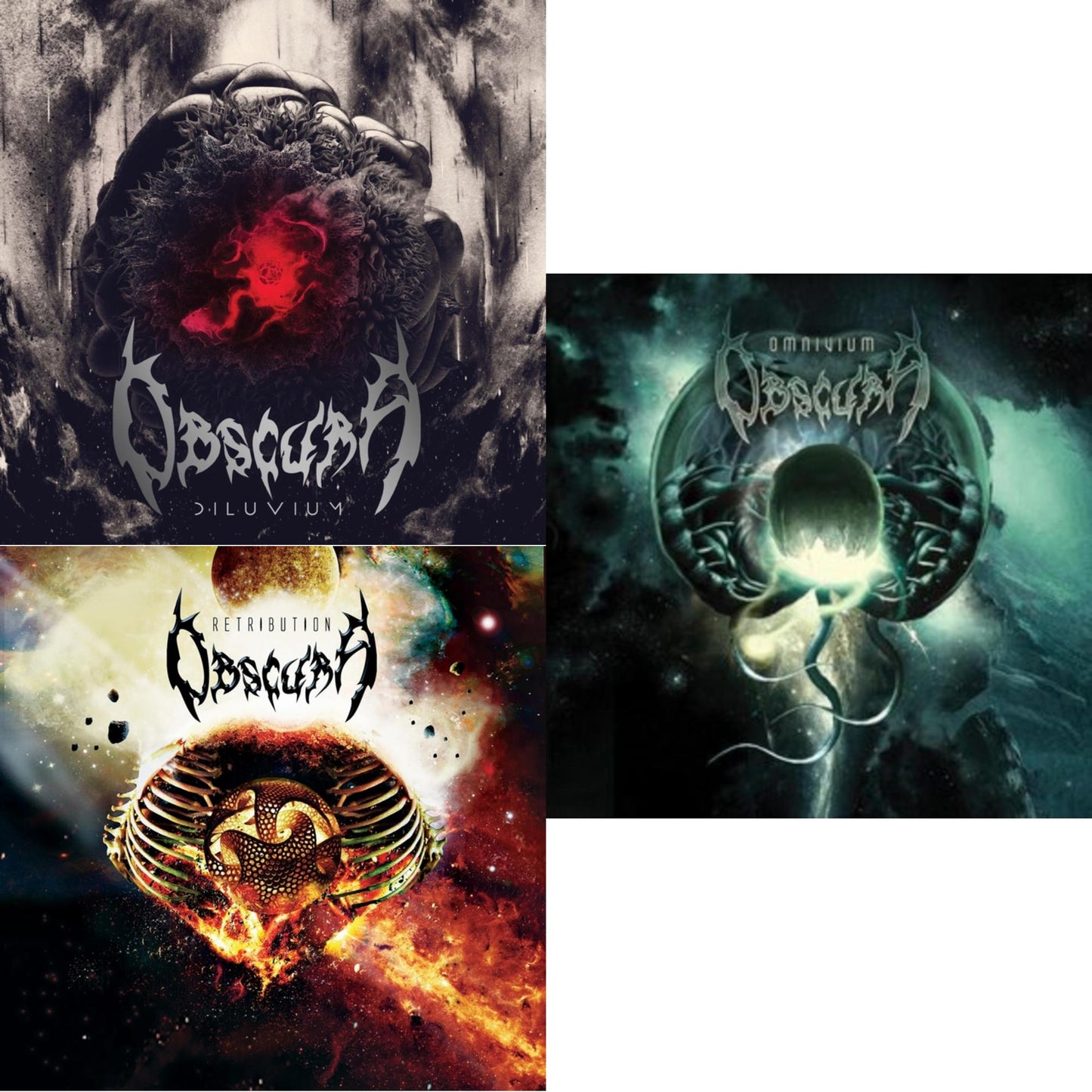 Obscura - Retribution (Bone White, Red & Olive Green Merge W/ Bone White, Red & Olive Green Splatter LP Vinyl) & Omnivium (Tri Color Merge W/ Splatter Vinyl/2LP) & Diluvium (Red, Silver & Grimace Purple Merge   W/ Blood Red, Silver & Deep Purple