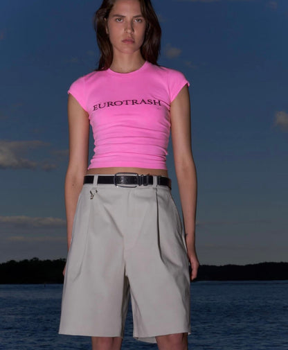 Fluorescent Barbie Print American-Style Retro Tight Short Sleeve