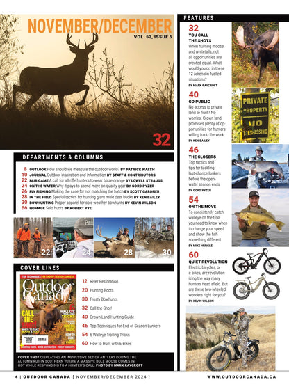 Outdoor Canada – Fall 2024: Crown Land Hunting Guide, Top Techniques For End-Of-Season Lunkers, How To Hunt With E-Bikes, When To Call The Shots Moose & Deers, 6 Walleye Trolling Tricks & More!