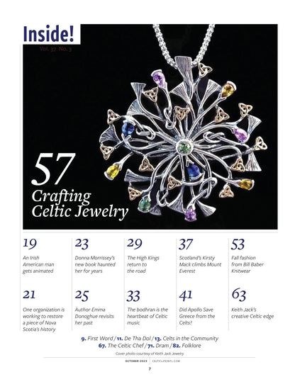 Celtic Life International October 2023 - Crafting Celtic Jewelry: The High Kings, Gary Maclean Fall Fashion, Emma Donoghue Hector 250, The Bodhran, Apollo Save Greece & Donna Morrissey New Book!