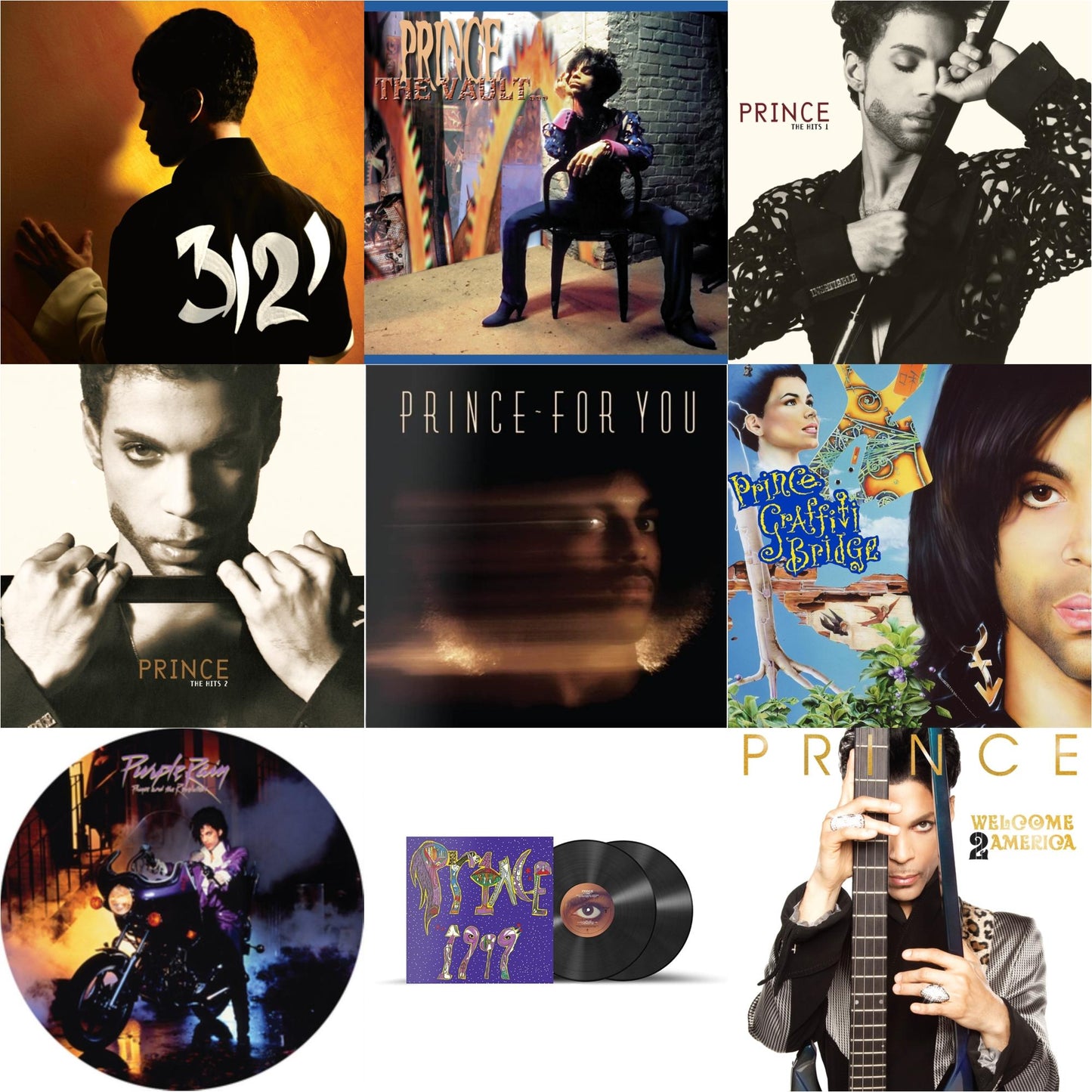 Prince - Purple Rain Ost (Picture Disc) & 3121 (2 LP) (150G Vinyl/ Purple Vinyl) & Welcome 2 America (2LP) & For You & 1999 (X) & Vault - Old Friends 4 Sale & Hits 1 (X) (2LP) & Hits 2 (X) (2LP) & Music From Graffiti Bridge (X) (2LP)