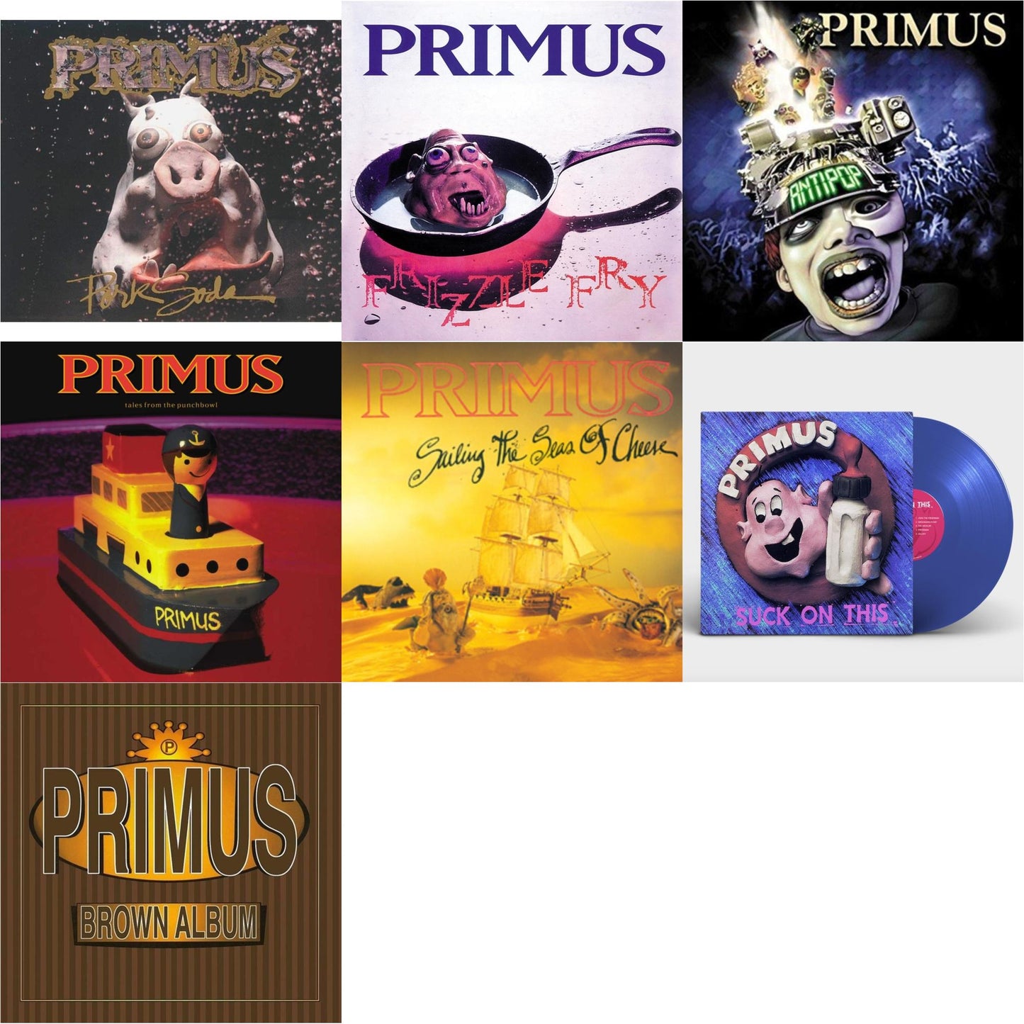 Primus - Pork Soda (2 LP) & Frizzle Fry & Antipop (2 LP) & Tales From The Punchbowl (2LP) & Sailing Seas Of Cheese & Suck On This (Cobalt Blue LP Vinyl/Remastered/Reissue) & Brown Album (2LP)