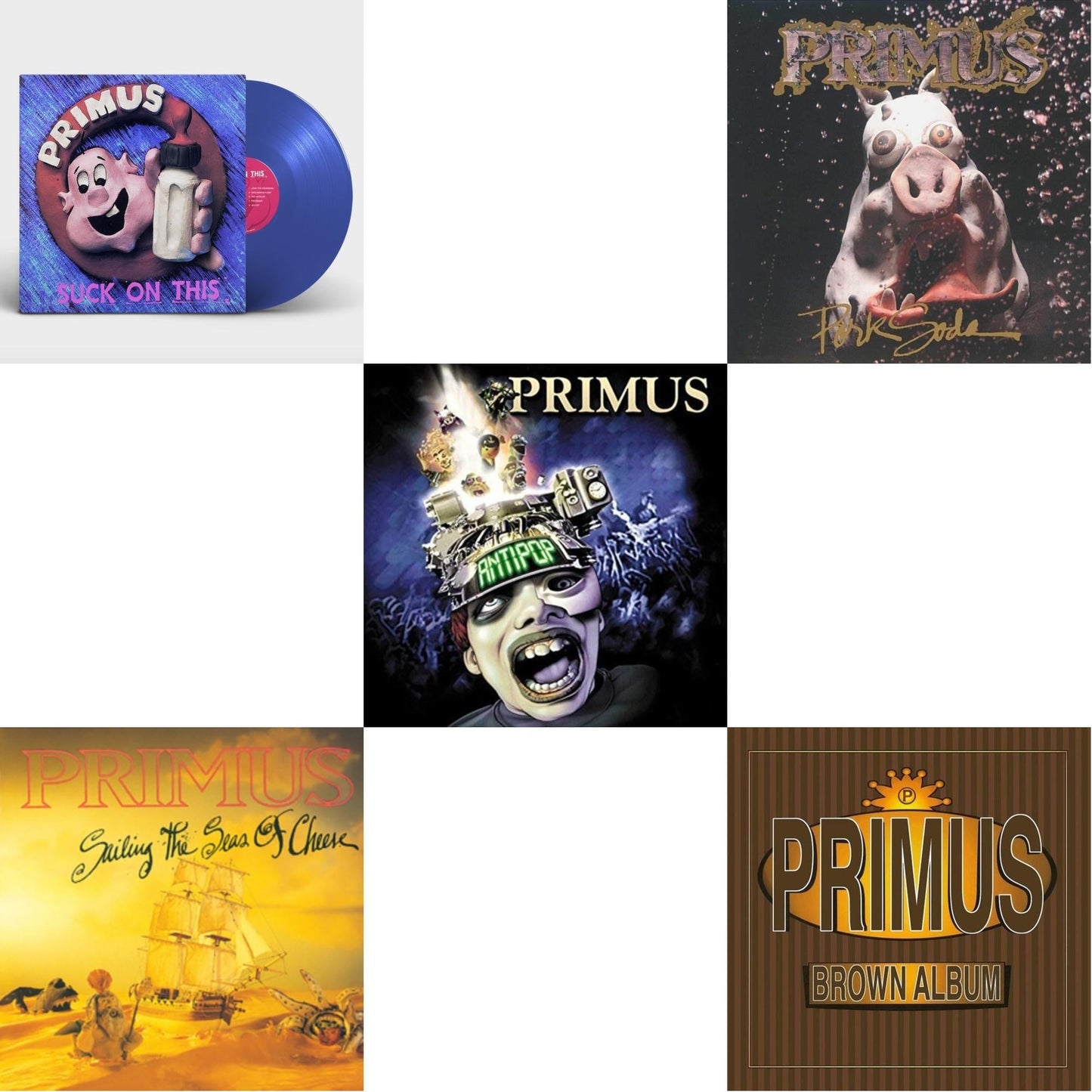Primus - Suck On This (Cobalt Blue LP Vinyl/Remastered/Reissue) & Sailing Seas Of Cheese & Pork Soda (2LP) & Brown Album (2LP) & Antipop (2 LP)