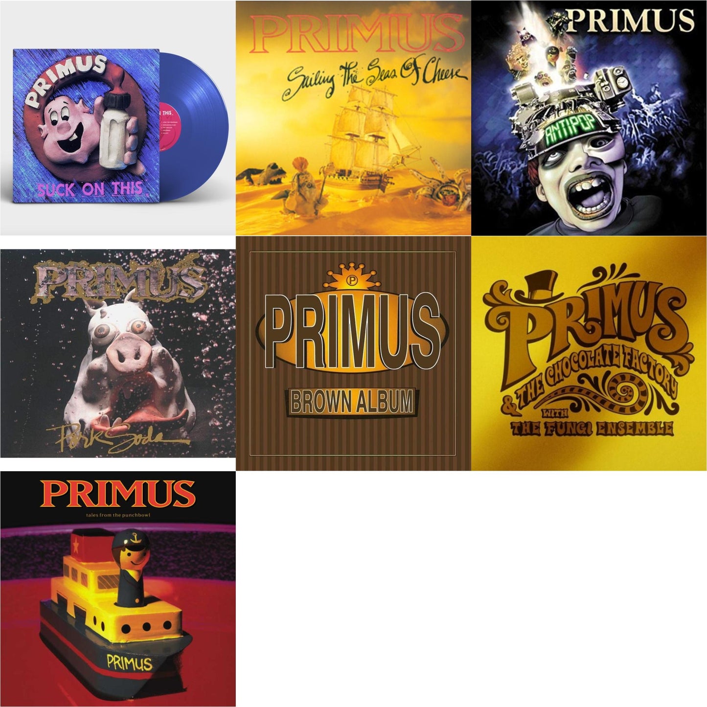Primus - Suck On This (Cobalt Blue LP Vinyl/Remastered/Reissue) & Sailing Seas Of Cheese & Pork Soda (2LP) & Brown Album (2LP) & Antipop (2 LP) & Tales From The Punchbowl (2LP) & Primus & The Chocolate Factory With The Fungi Ensemble (Gold LP Vinyl)
