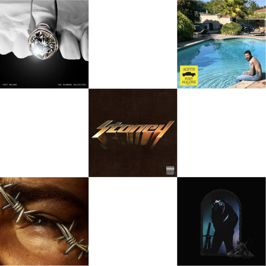 Post Malone - Austin (Forest Green/2LP) (X) & Diamond Collection (Metallic Silver Vinyl/2LP) & Hollywood's Bleeding (2LP/Pink Vinyl) & Stoney (Orange LP Vinyl) & Beerbongs & Bentleys (2LP/Clear Vinyl)