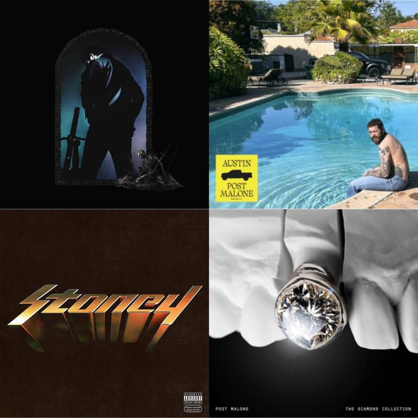 Post Malone - Austin (Forest Green/2LP) (X) & Diamond Collection (Metallic Silver Vinyl/2LP) & Hollywood's Bleeding (2LP/Pink Vinyl) & Stoney (Orange LP Vinyl)