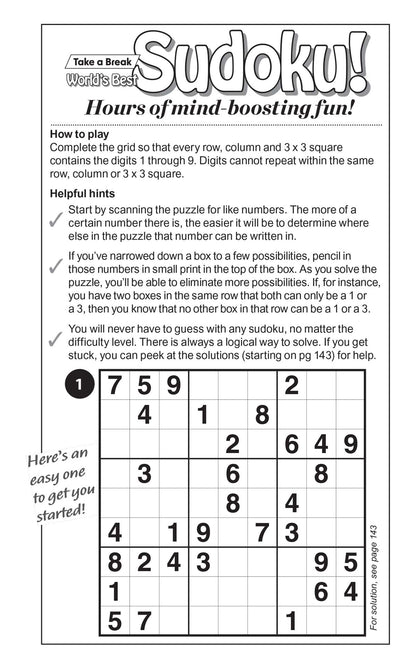 Take a Break - Sudoku 243302 Large Print: 277 Puzzles, 5 Levels Of Difficulty, Enhance Your Skills, Easy To Read, Hours Of Mind Boosting Fun, Brain Challenges, Relax, Unwind, Unplug, Sit Back & Solve!