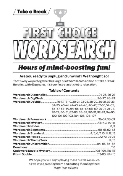 Take a Break - First Choice Word Search 25.06.13: Large Print, Over 60 Puzzles, Word Game Fun For Everyone, Unplug, Relax, Solve & More!