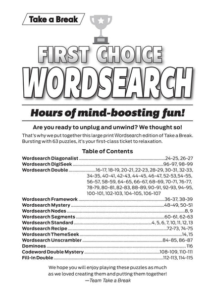 Take a Break - First Choice Word Search 25.11.21: Large Print, Over 60 Puzzles, Word Game Fun For Everyone, Relax & Unwind, Great For Travel, Brain Booster & More!