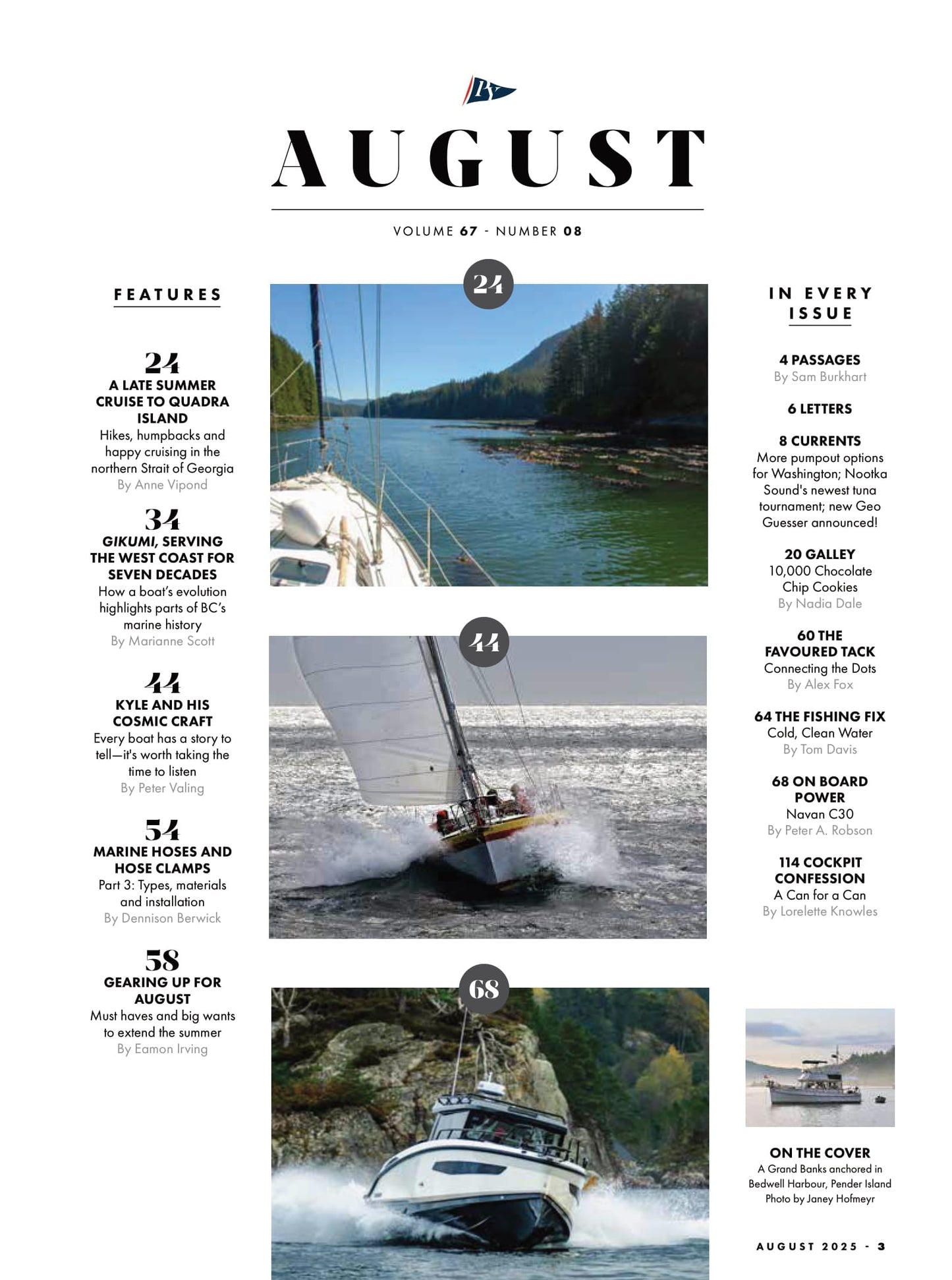 Pacific Yachting - August 2025: Wooden Boat Issue, Every Boat Has A Story, Gikumi & Seance, Quiet Harbours Of Quadra Island,  Marine Hoses & Clamps, Summer Gear Guide & More!