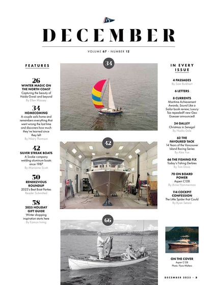 Pacific Yachting - December 2025: Winter Magic, Exploring The Coast Of BC, Aspen C128, Holiday Gift Guide, Best Boat Parties, 14 Years Of The Vancouver Island Racing Series, Rendezvous Roundup & More!