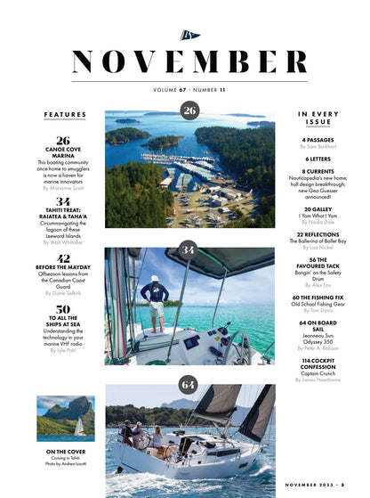 Pacific Yachting - November 2025: Tahiti Treat, South Pacific Charter Guide, Canoe Cove Marina, Technology In Your Marine VHF Radio, Canadian Coast Guard Safety Tips, Old School Fishing Gear & More!