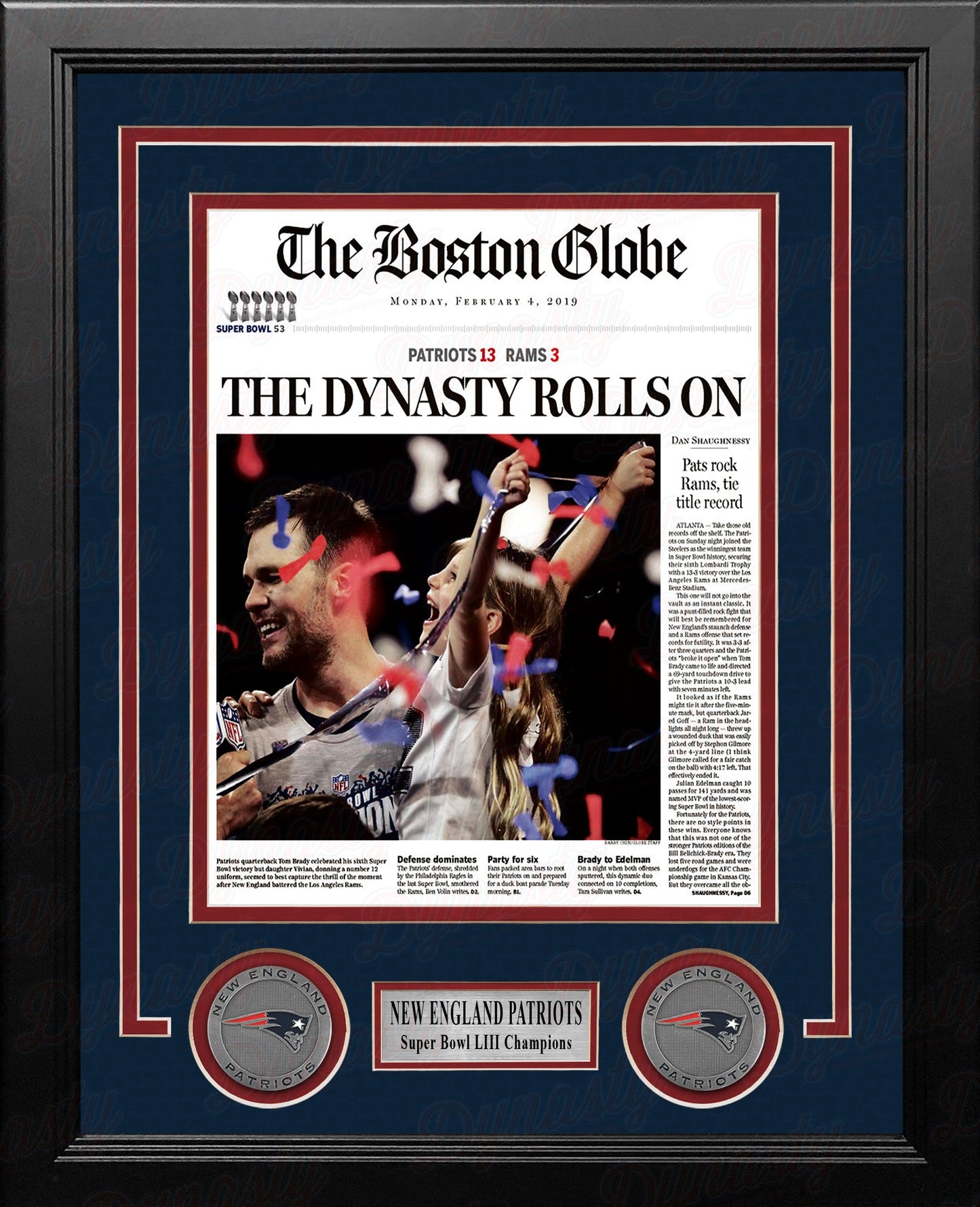 New England Patriots Super Bowl LIII Champions Framed Boston Globe Photo