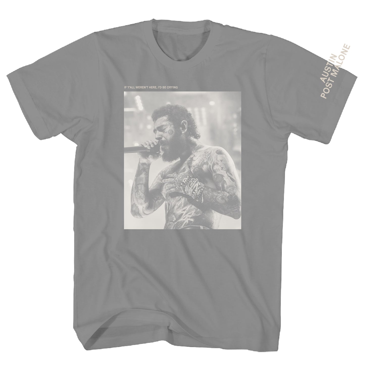 Post Malone Gray Photo Front and Sleeve Print Mens T Shirt Charcoal