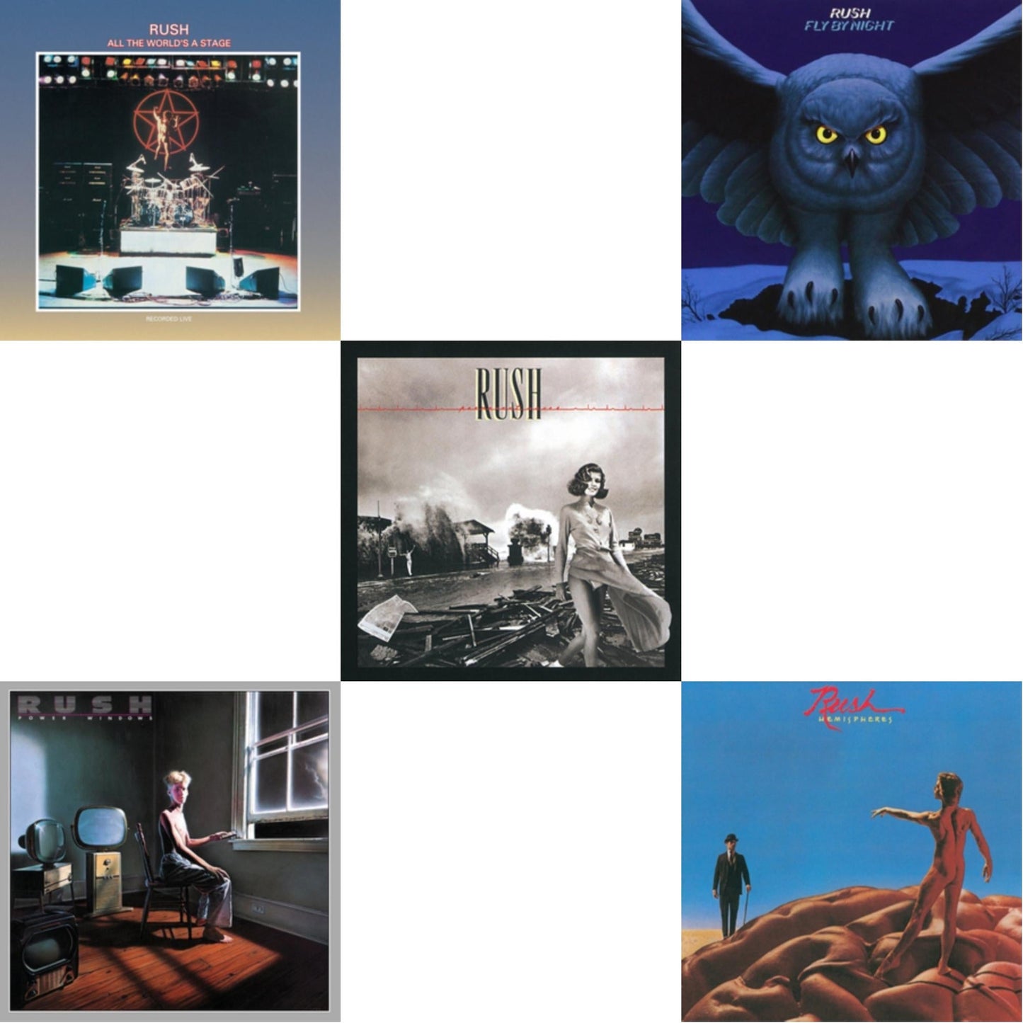 Rush - Fly By Night (180G) & All The World's A Stage (180G) & Hemispheres (180G) & Permanent Waves (180G) & Power Windows (180G) - LP Vinyl Bundle