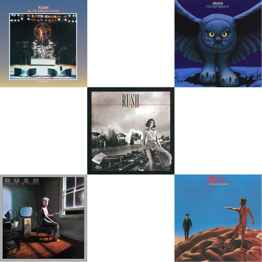 Rush - Fly By Night (180G) & All The World's A Stage (180G) & Hemispheres (180G) & Permanent Waves (180G) & Power Windows (180G) - LP Vinyl Bundle